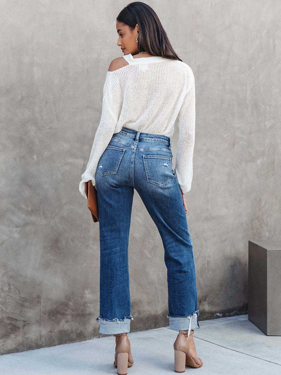 Casual Street Solid Make Old Asymmetrical Straight Denim Jeans