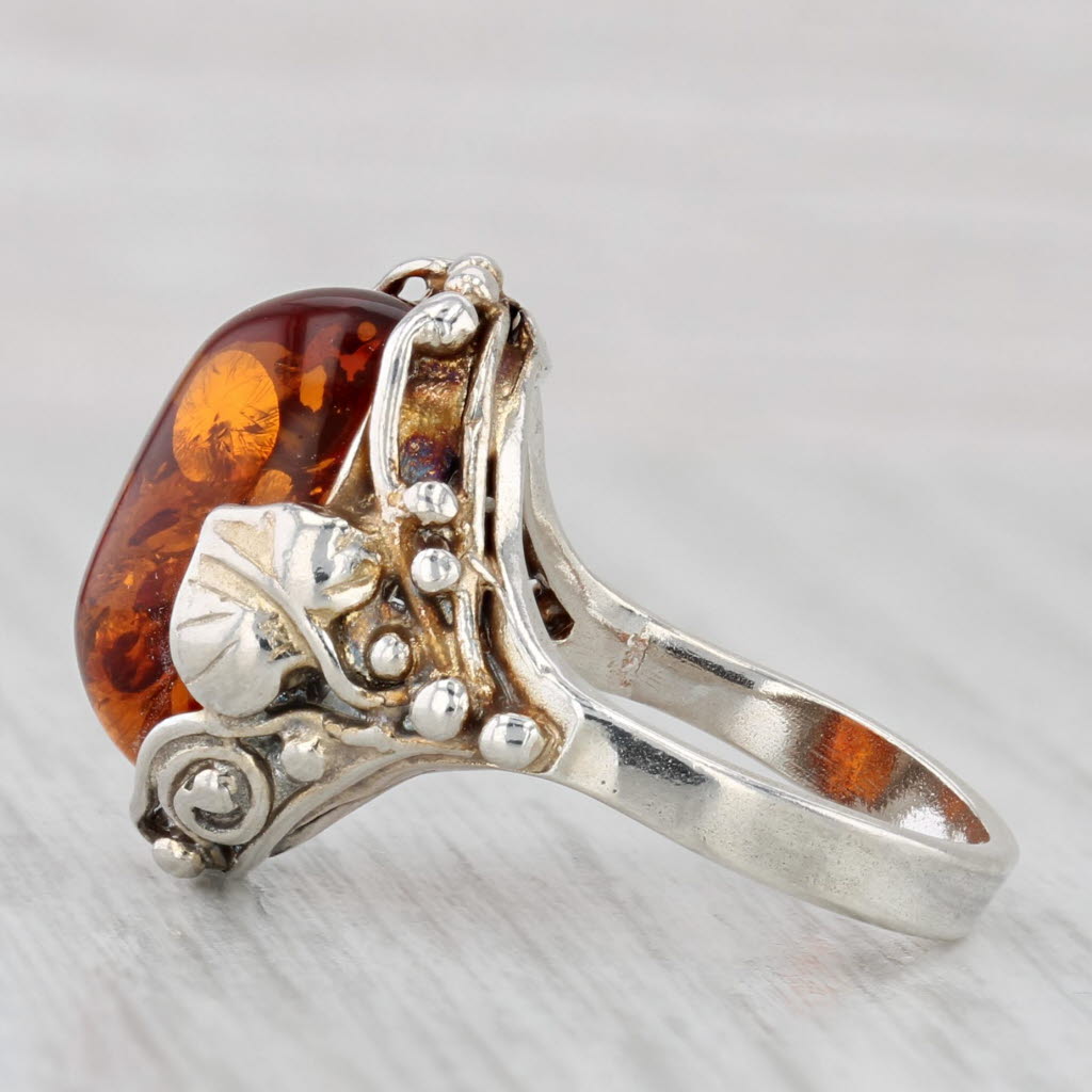 Amber Oval Cabochon Ring Sterling Silver Floral Size 4.75