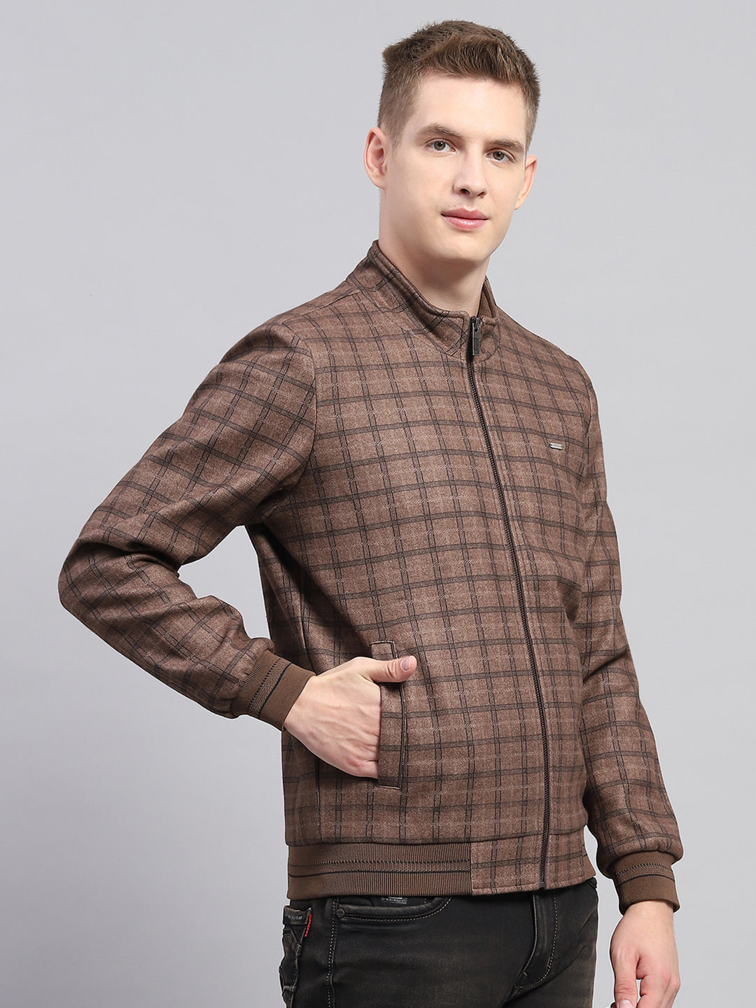 Men Brown Check Mock Neck Full Sleeve Jacket