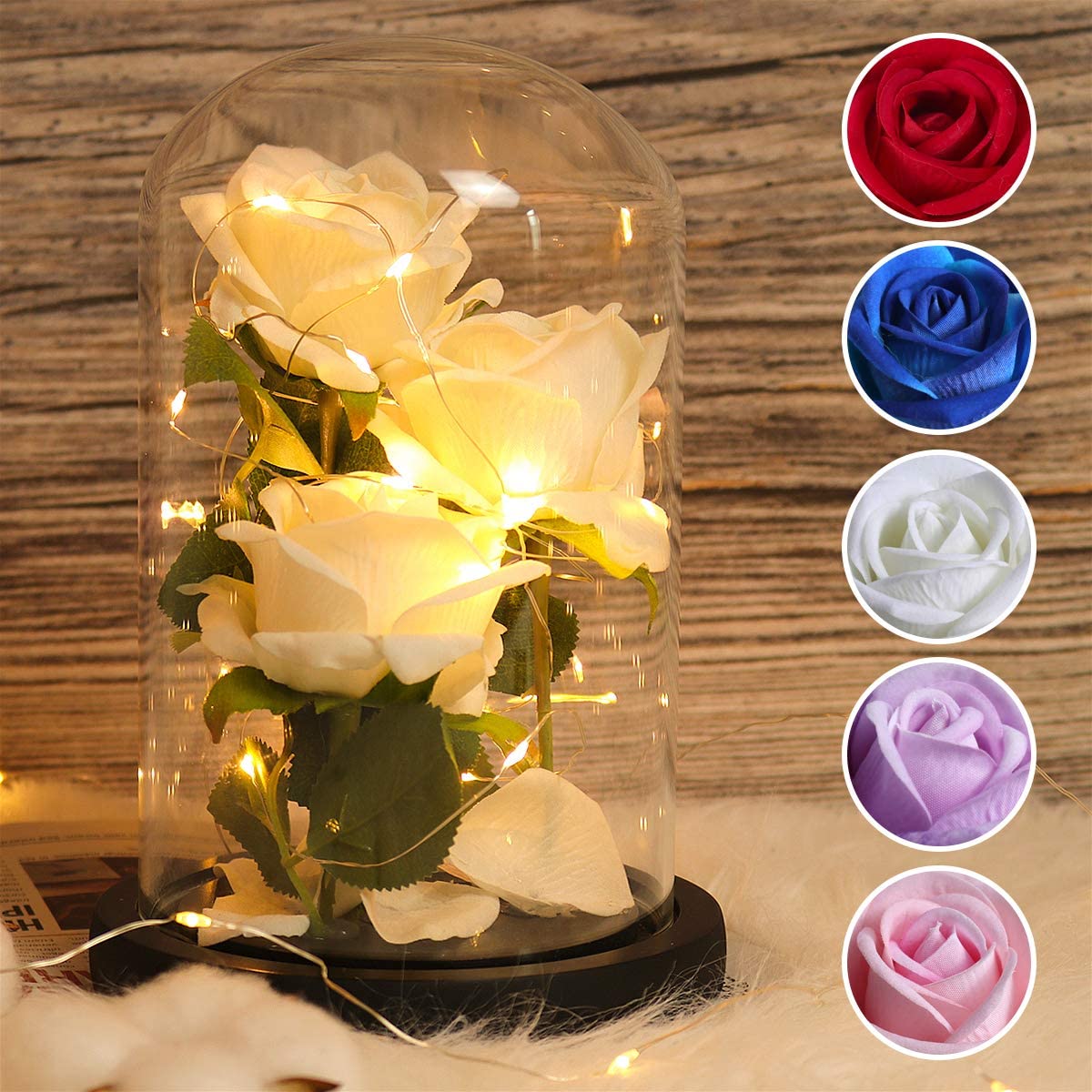 Rose That Lasts Forever in a Glass Dome with Led Lights.Gift for Mothers Day Valentine's Day Birthday Party Wedding Anniversary