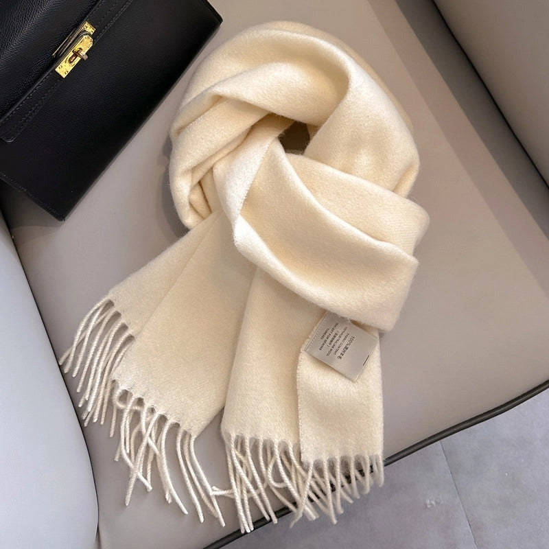 White Pure Wool Scarf Female Winter Student Warm Scarf New Versatile Tassel Narrow Scarf Couple