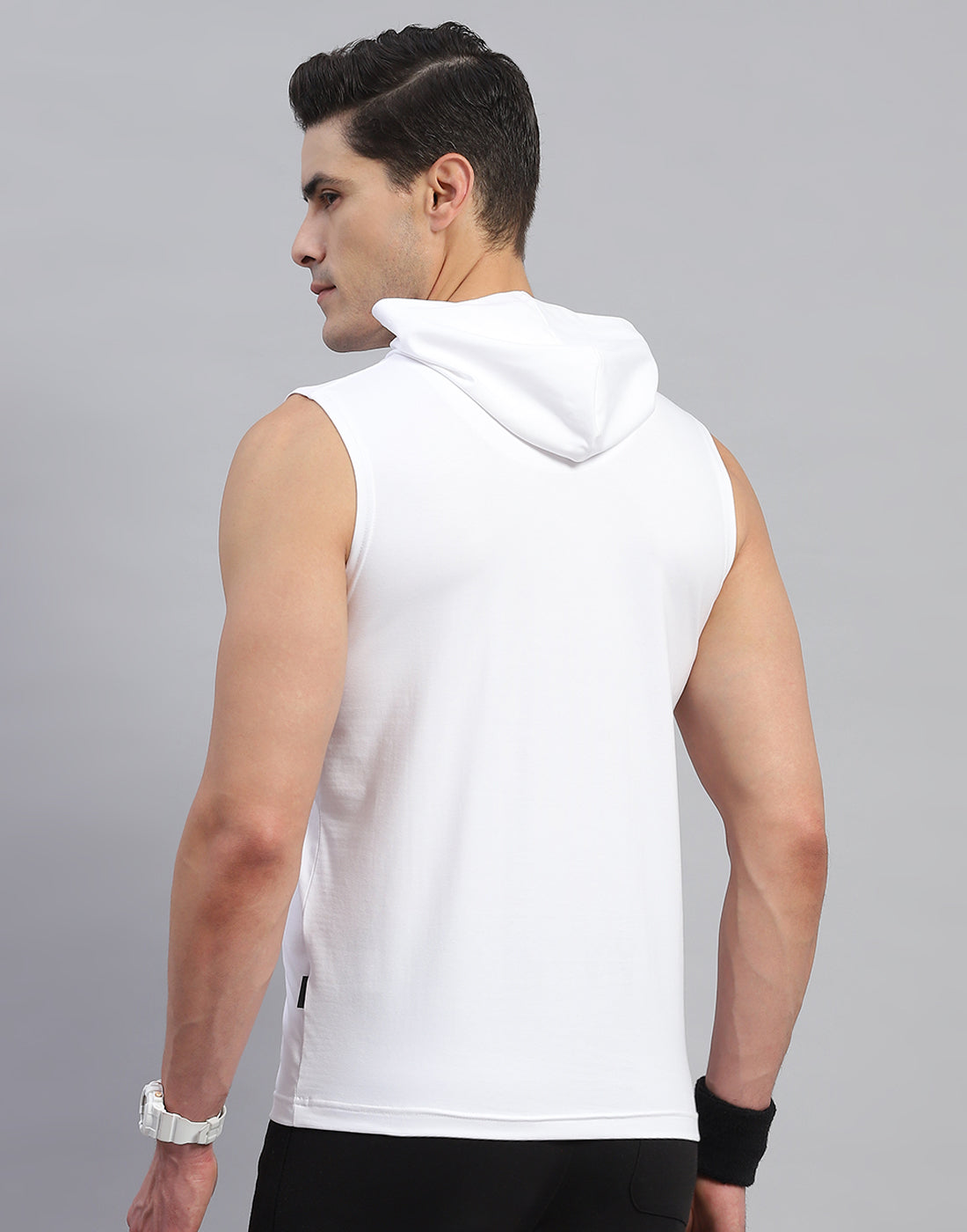 Men White Solid Hooded Sleeveless T-Shirt