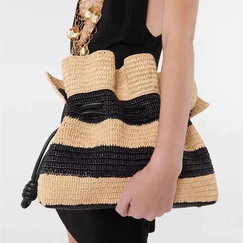 Women's Straw Stripe Vacation Square String Straw Bag