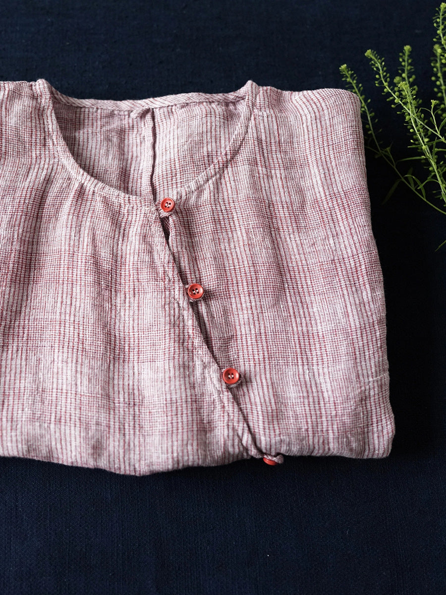 Women Summer Retro Plaid O-Neck 100%Linen Shirt