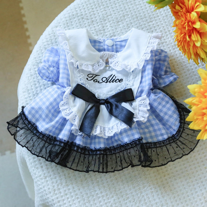 Pet Ring Dog Clothes Spring And Summer New Medium And Small Dog Blue And White Plaid Doll Collar Dress Fairy Tale Princess Dress