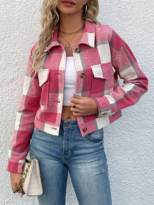 Long Sleeves Loose Buttoned Plaid Pockets Split-Joint Lapel Jackets Outerwear