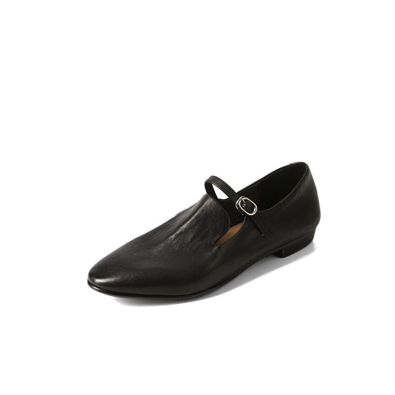 Retro Style Horse Leather Handmade Flat Shoes Mary Janes Low Heel in Black/Brown