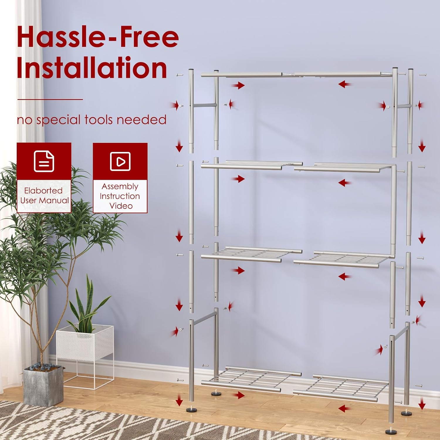 Storage Shelves - 5 Tier Shelf Organizer, Heavy Duty Garage Shelving Unit with Leveling Feet, Stable Metal Shelves Organizer for Pantry, Kitchen and Closet, 33.0