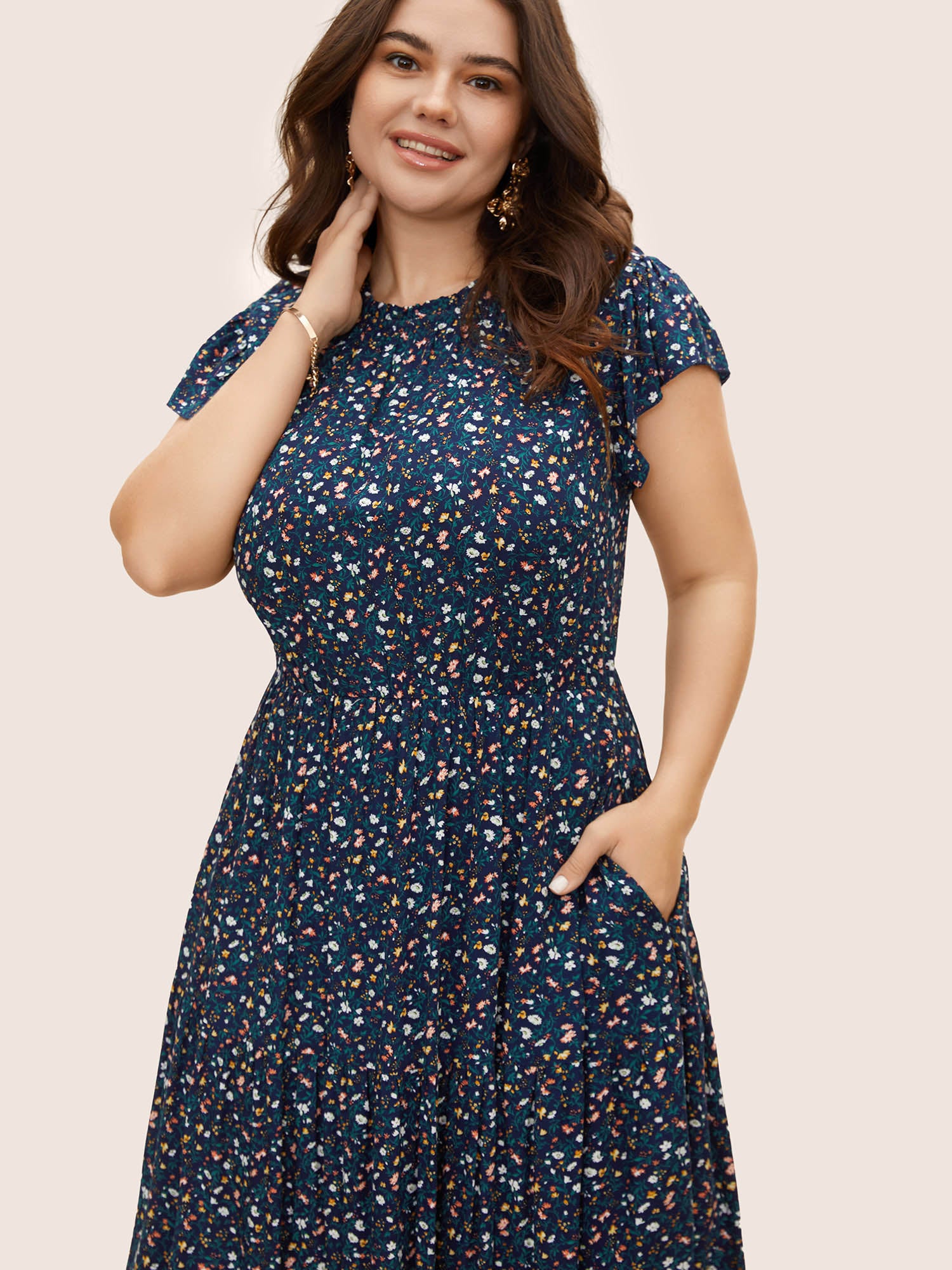 Ditsy Floral Ruffle Cap Sleeve Dress