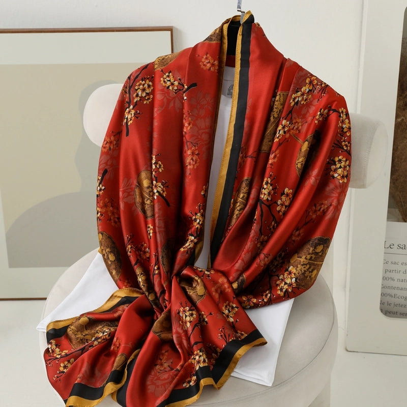 Women's Casual Elegant Printing Rose Satin Printing And Dyeing Printing Floral Silk Scarf Scarf