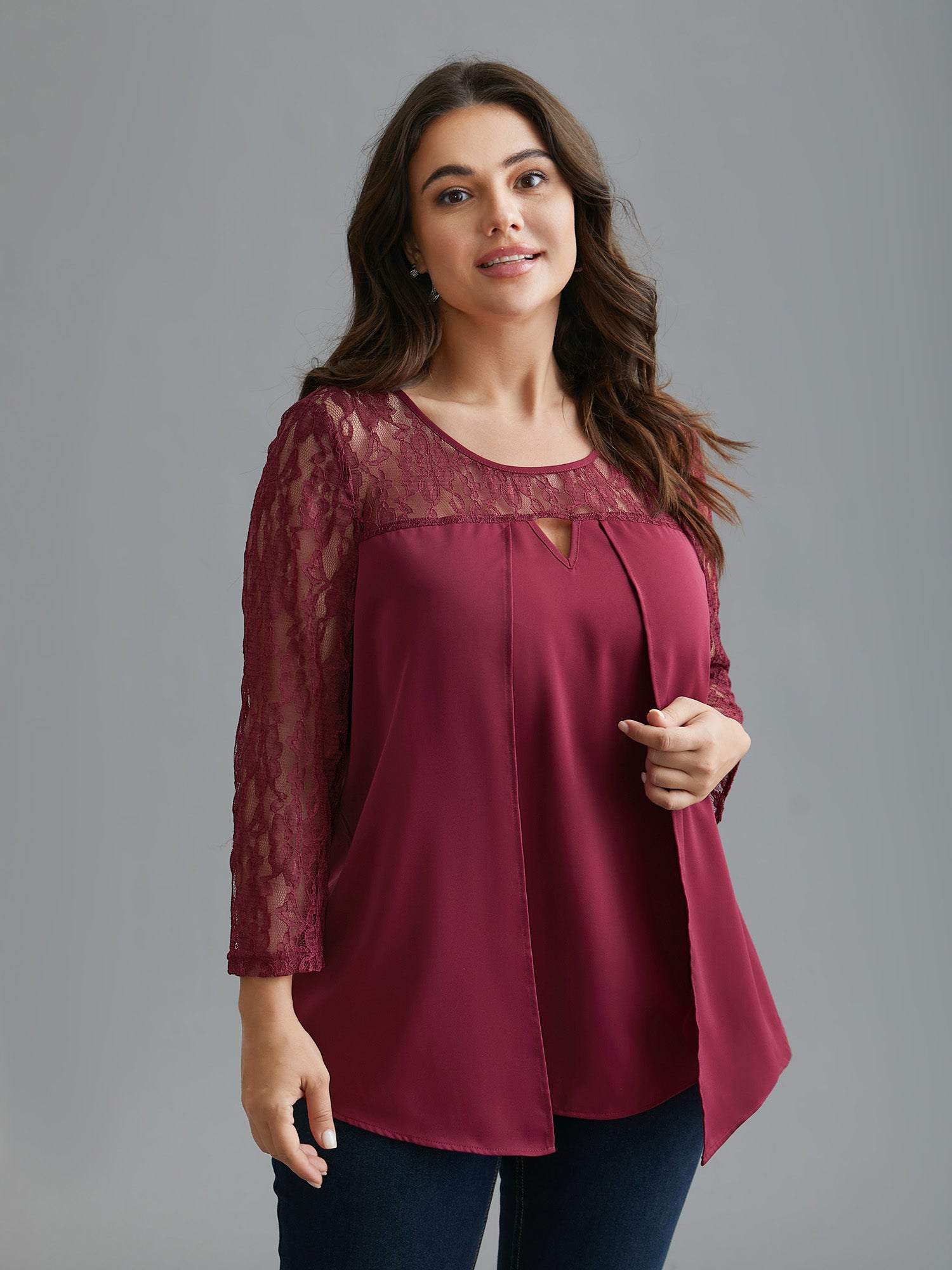 Sheer Lace Sleeve Neck Cut-Out Shirt