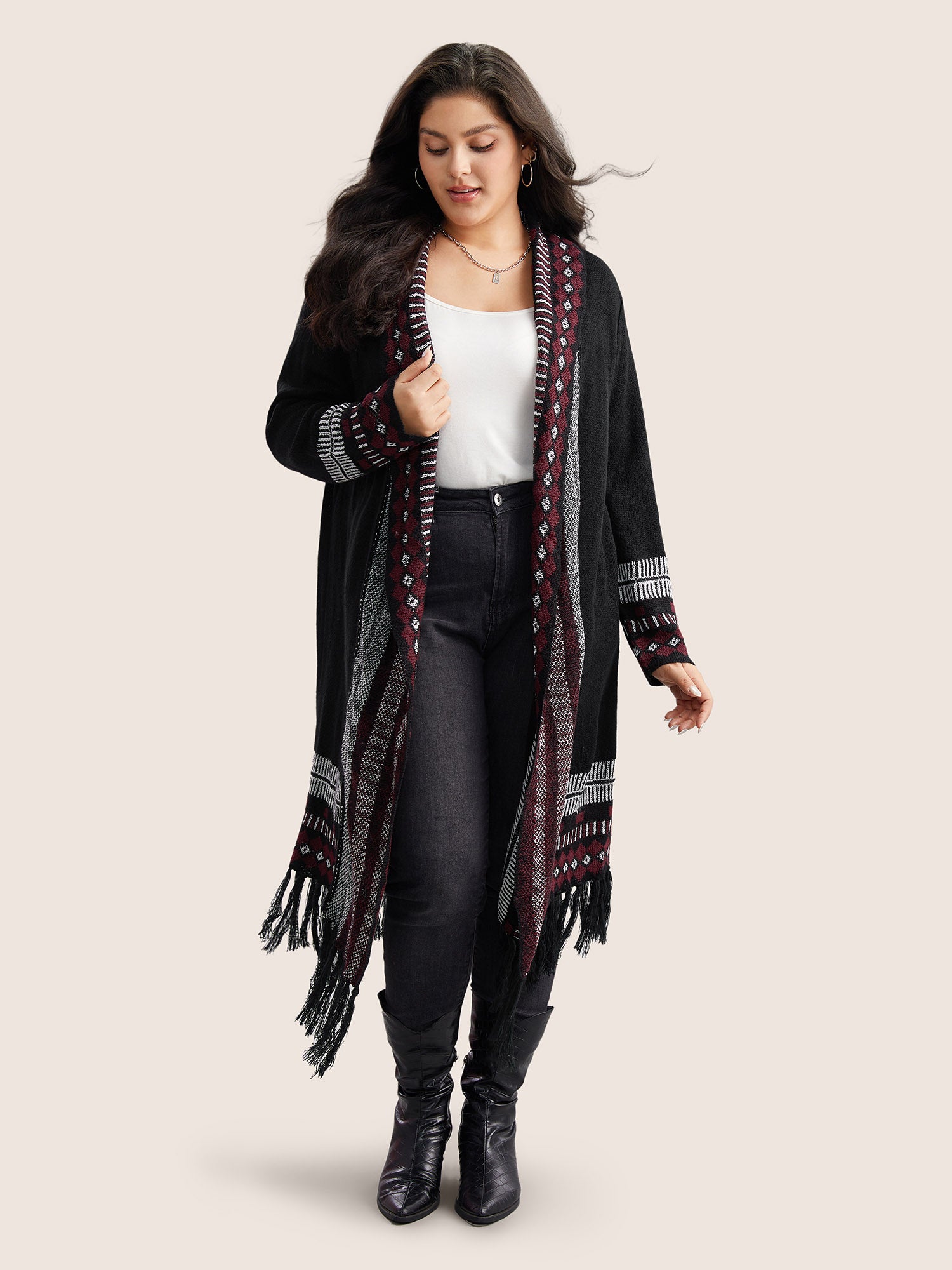 Bandana Print Fringe Trim Maxi Cardigan