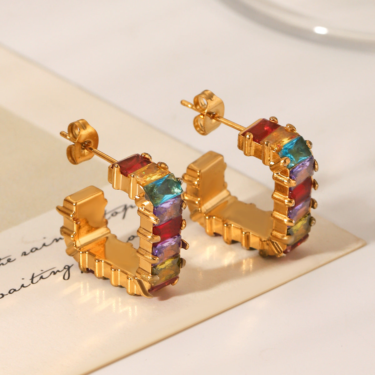 Ins Style C-Shaped Stainless Steel Earrings Inlaid With Colored Zircon Earrings Titanium Steel