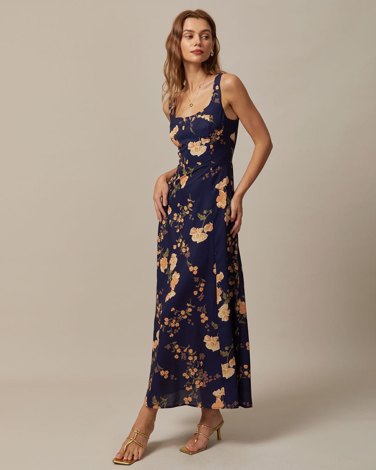 The Navy Sweetheart Neck Floral Maxi Dress