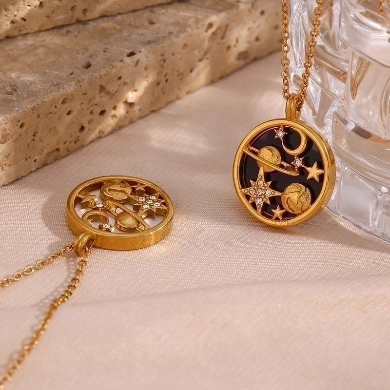 Fashion Round Star Moon Stainless Steel Inlay Rhinestones 18k Gold Plated Pendant Necklace