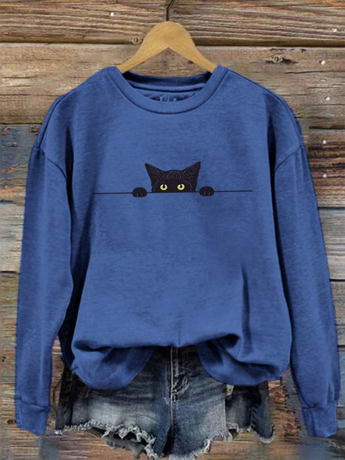 Women's Black Cat Print Crew Neck Sweatshirt
