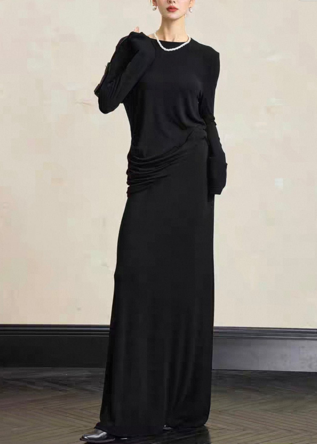 Simple Black O Neck Tops And Skirts Solid Cotton Two Pieces Set Fall