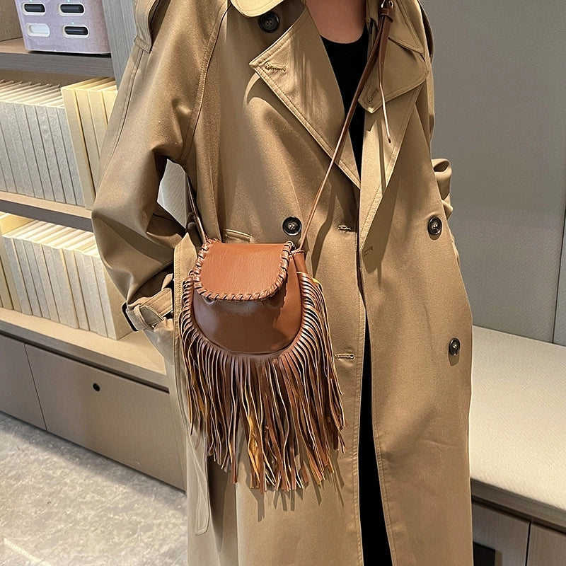 Women's Small Pu Leather Solid Color Fashion Tassel Shell Flip Cover Phone Wallet Crossbody Bag