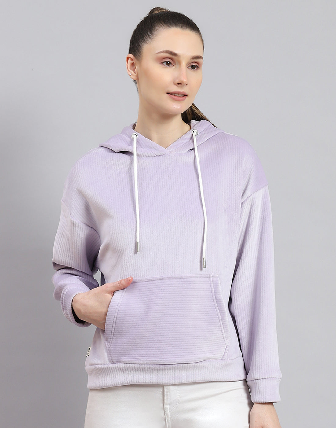 Women Purple Solid Hooded Full Sleeve Sweatshirt