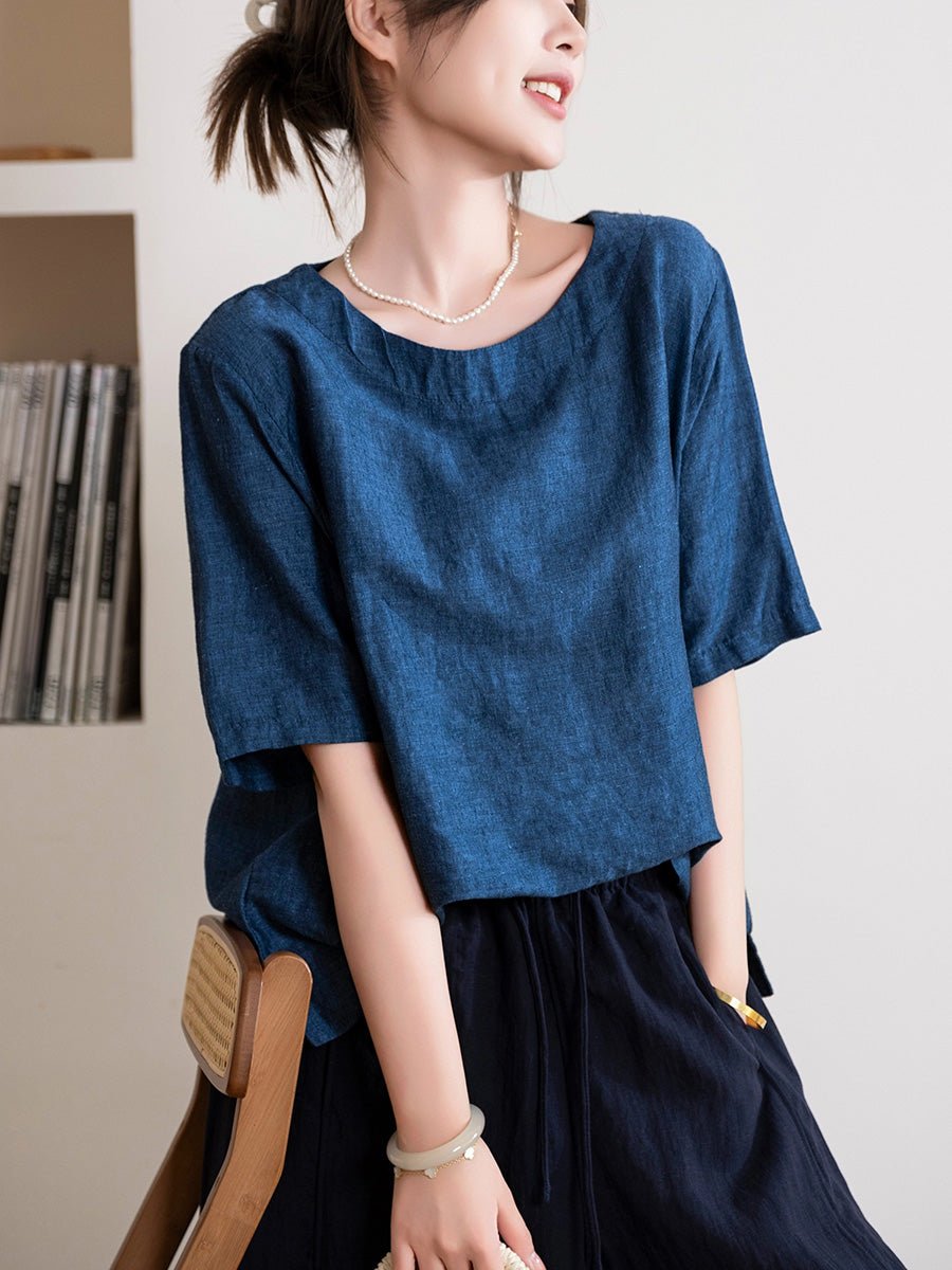 Women Summer Casual Pure Color Linen Cotton O-Neck Shirt