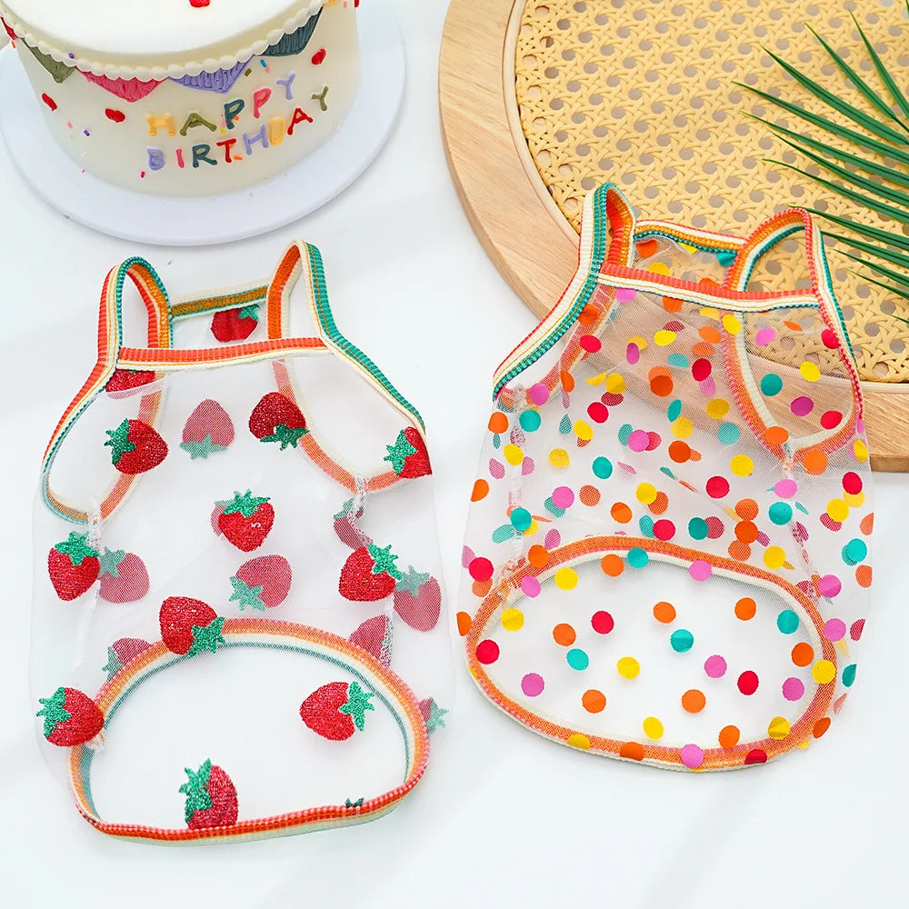 Pet Strap Sunscreen Vest Mesh Strawberries Dog Dog Cat Clothing Supplies Thin Teddy Bear Colorful Dot Top Puppy Clothes