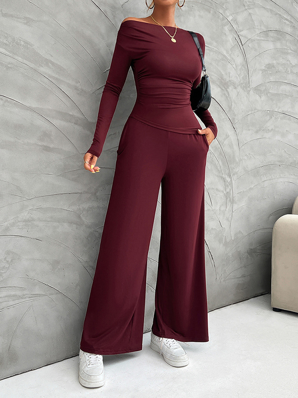 Solid Color Split-Joint Long Sleeves Skinny Pleated Boat Neck Asymmetric T-Shirt Top + Pockets Pants Bottom Two Pieces Set