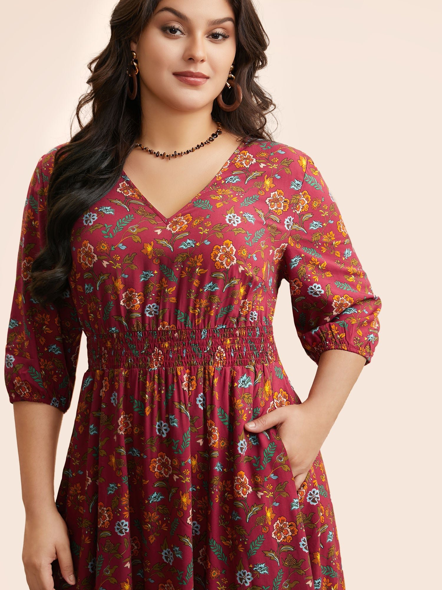 V Neck Bandana Print Shirred Dress