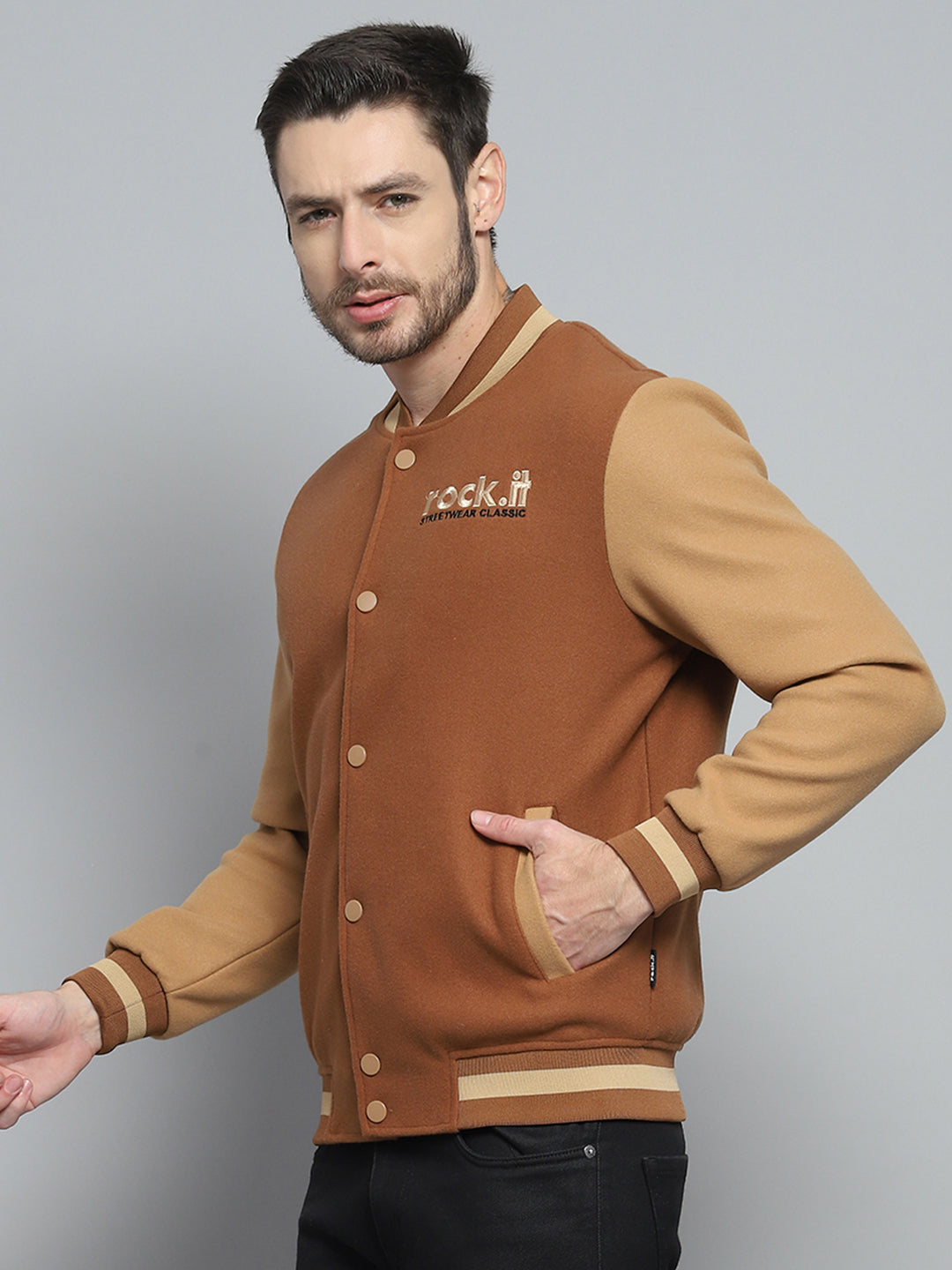 Men Rust Printed Band Collar Full Sleeve Sweatshirt