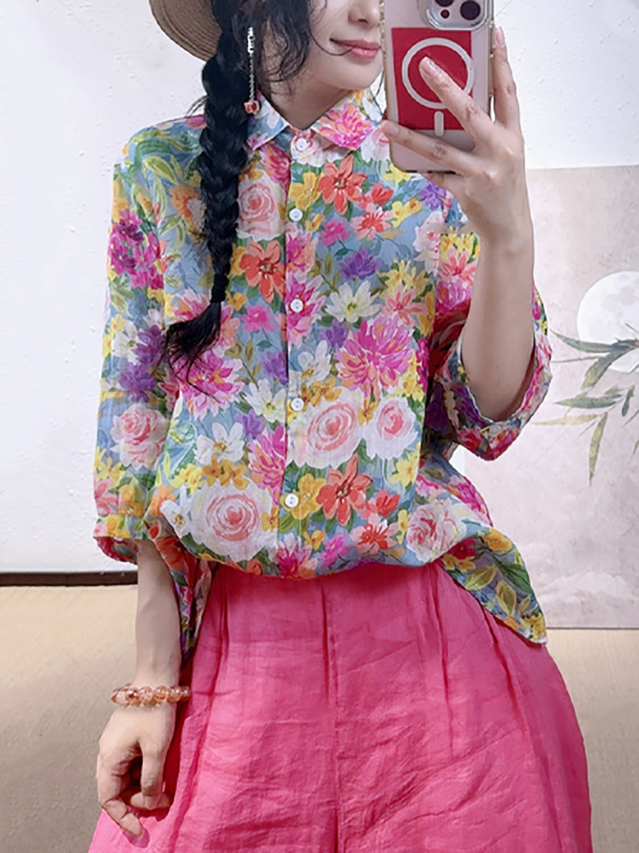 Women Summer Artsy Flower Turn-down Collar 100%Linen Shirt