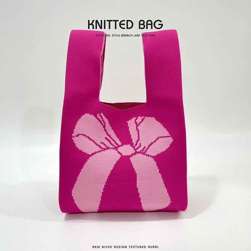 Women's Medium Knit Bow Knot Vintage Style Open Straw Bag