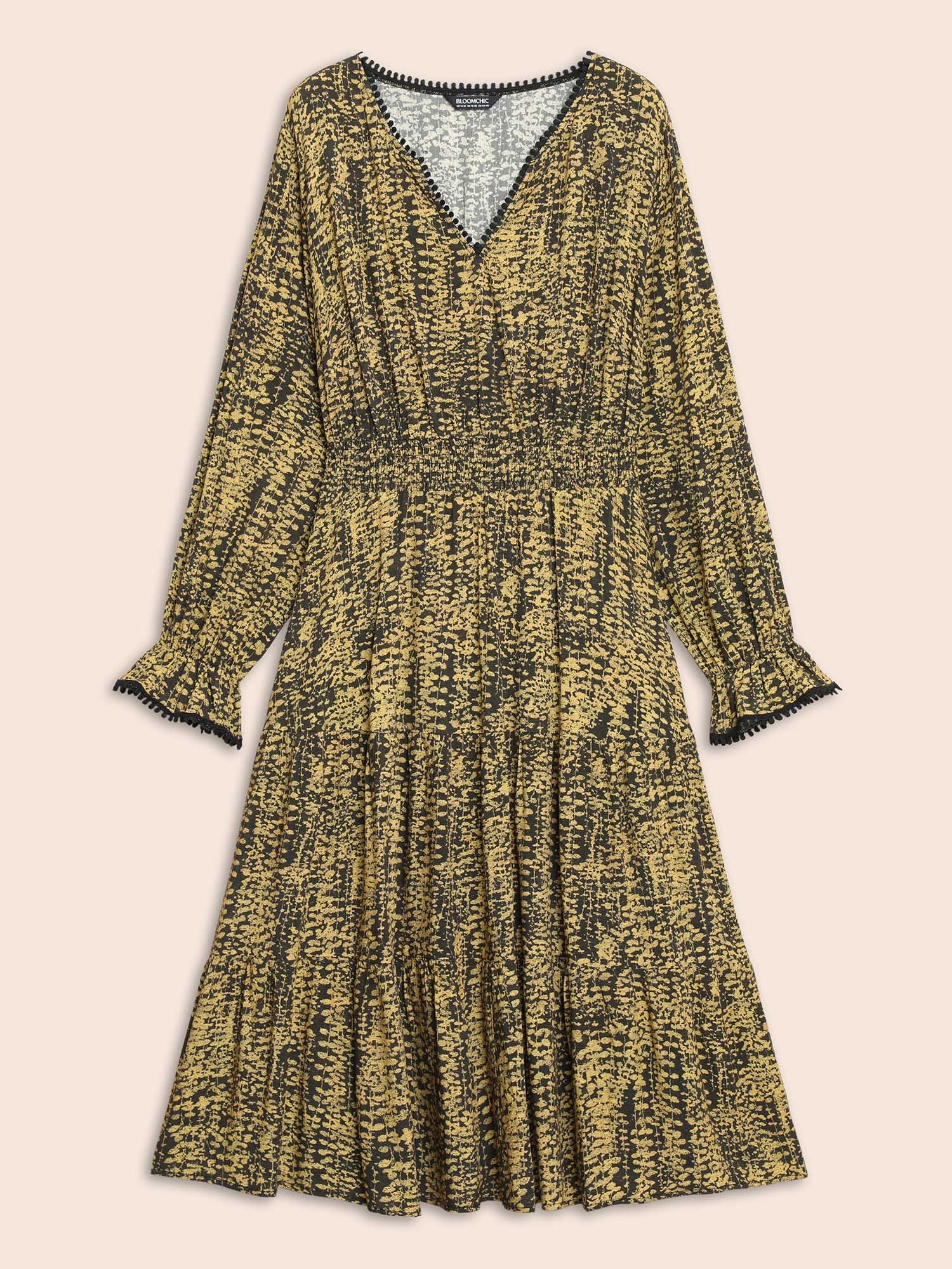 Geometric Print Pompom Trim Ruffles Dress