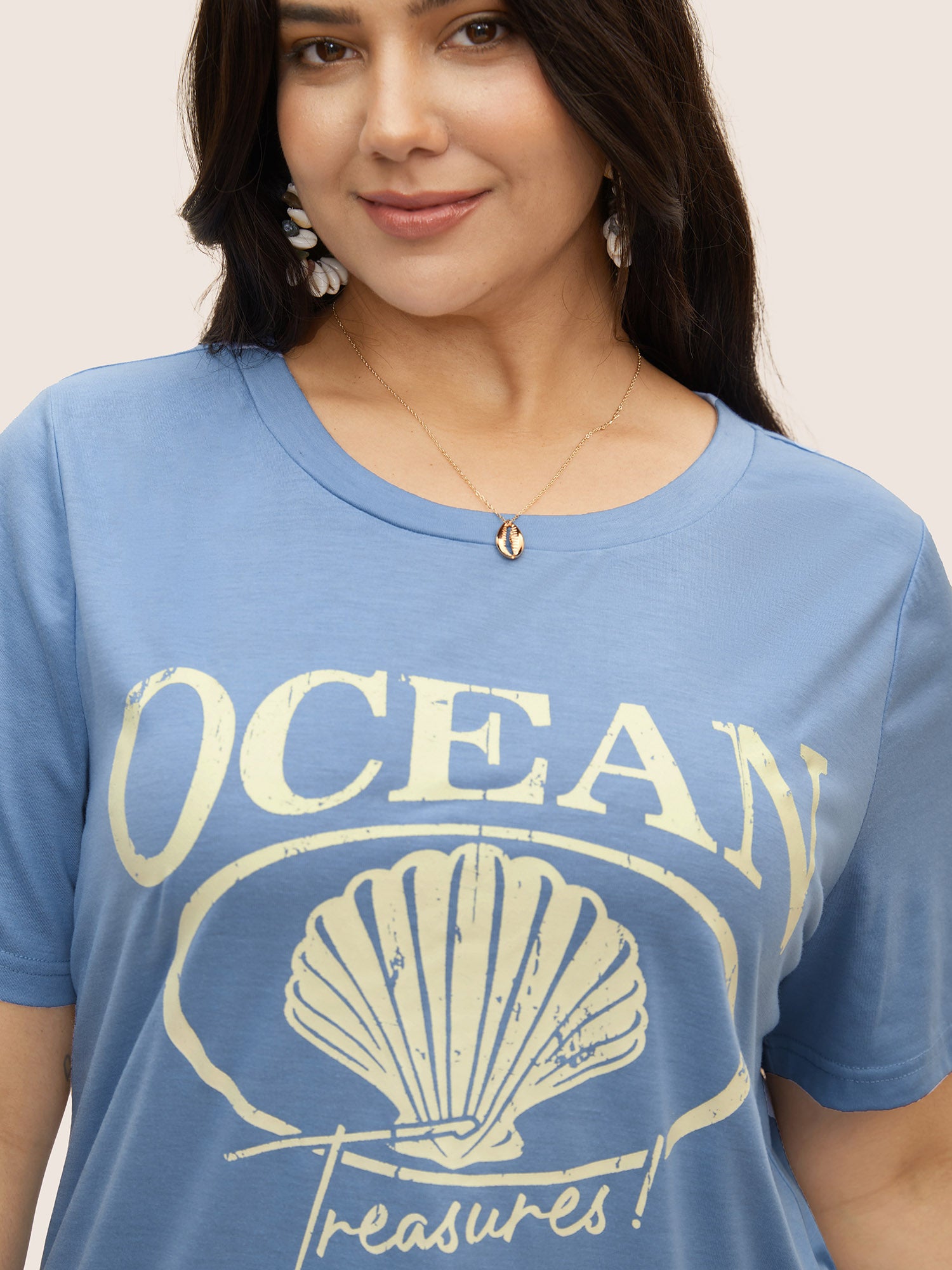 Round Neck Sea Shells Print T-shirt