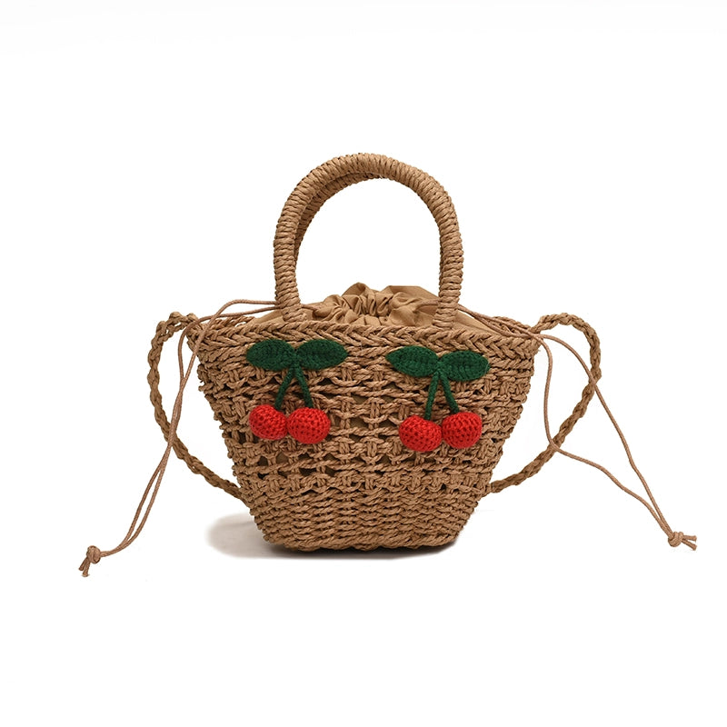 Women's Medium Straw Solid Color Flower Vacation Beach Weave Bucket String Straw Bag