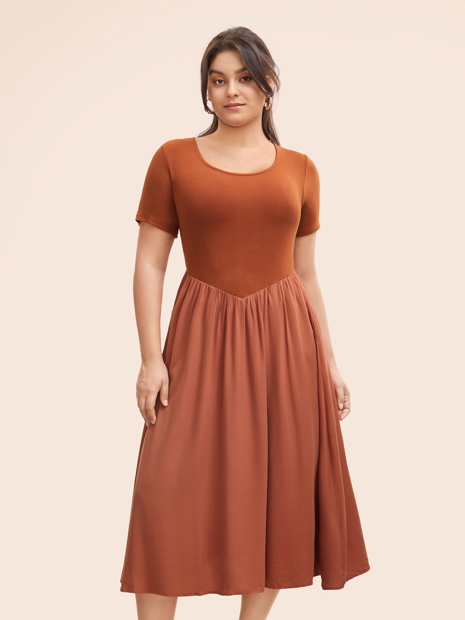 U Neck Patchwork Midi Dress