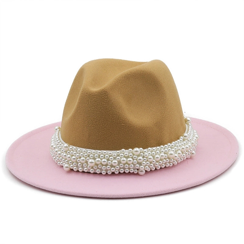 Autumn And Winter New Two-color Woolen Top Hat Pearl Ribbon Accessories Double-sided Color Matching Jazz Hat