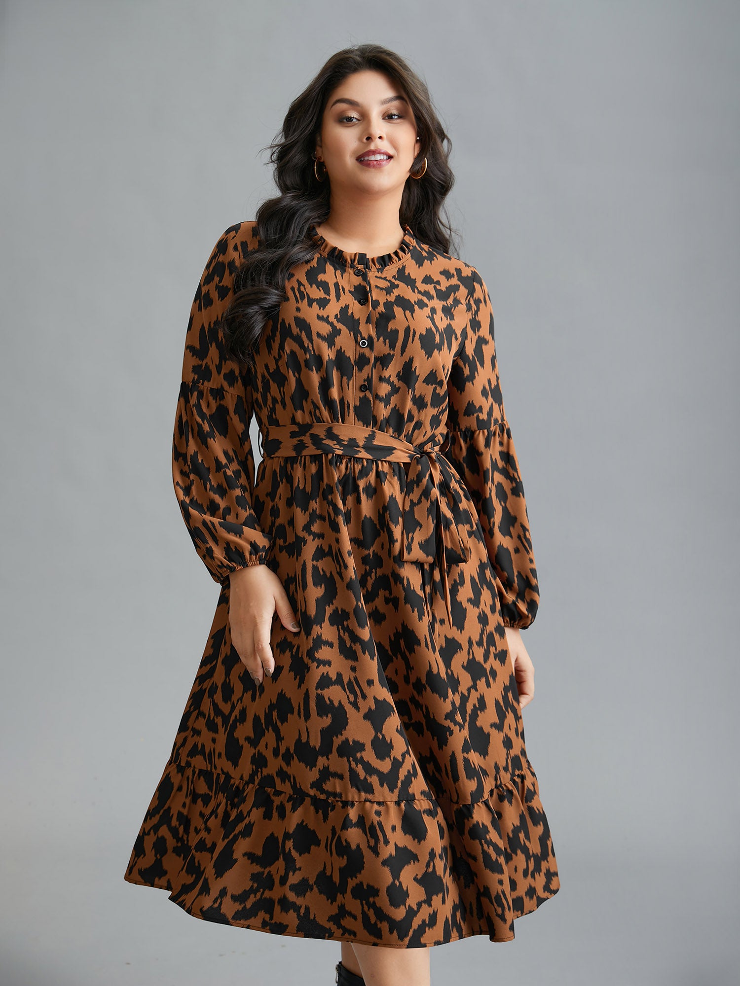 Leopard Print Stretchy Waist Belted Dress