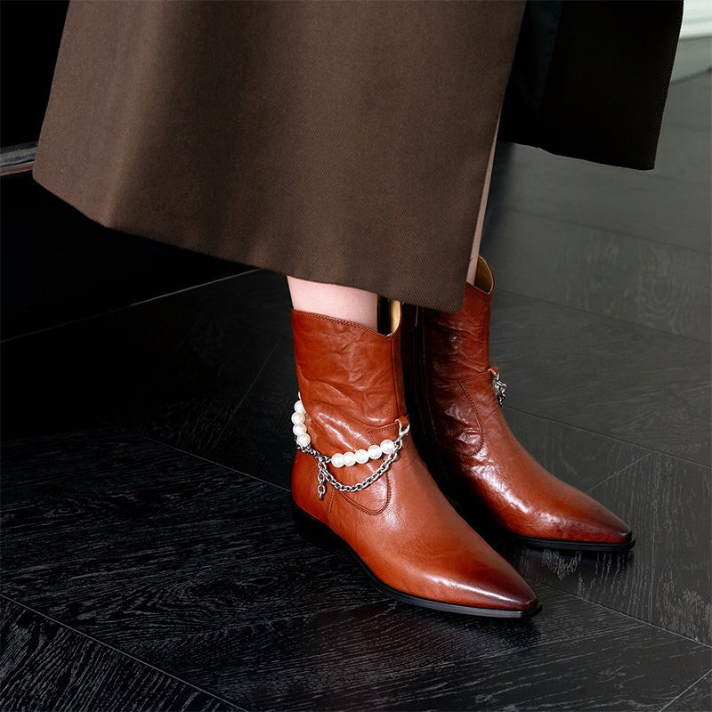 Sheepskin Leather Autumn/Winter Women's Point Toe Ankle Boots in Black/Brown