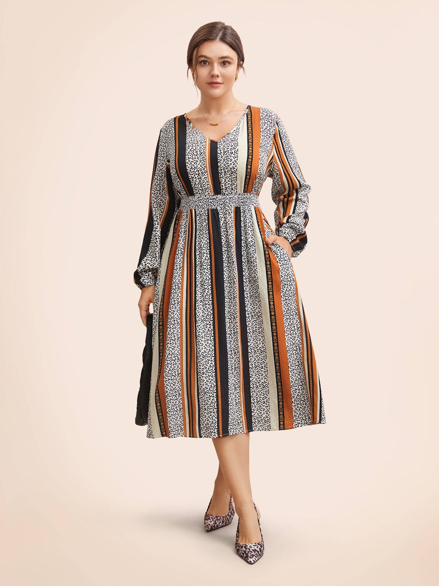 V Neck Leopard Print Patchwork Contrast Dress