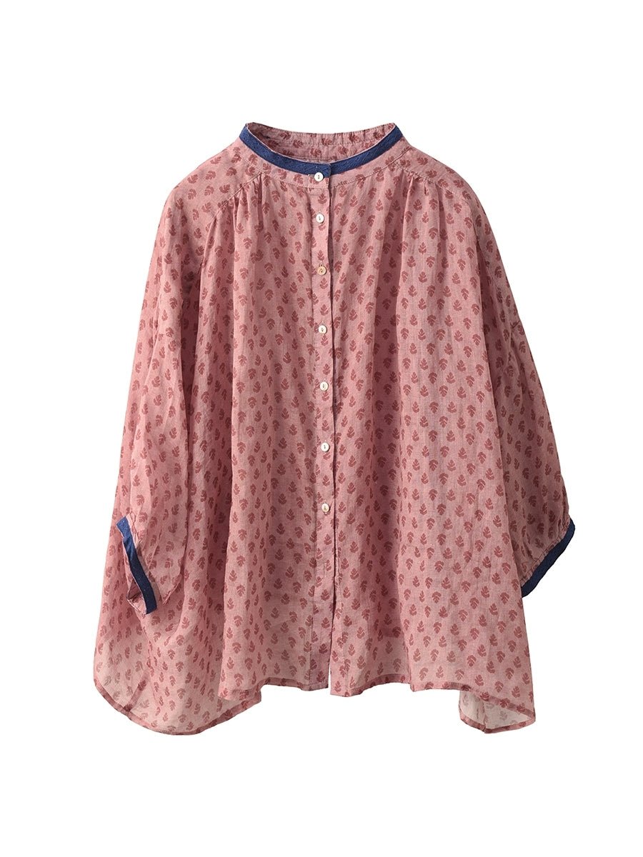Women Summer Artsy Dot Stand Collar 100%Raime Shirt