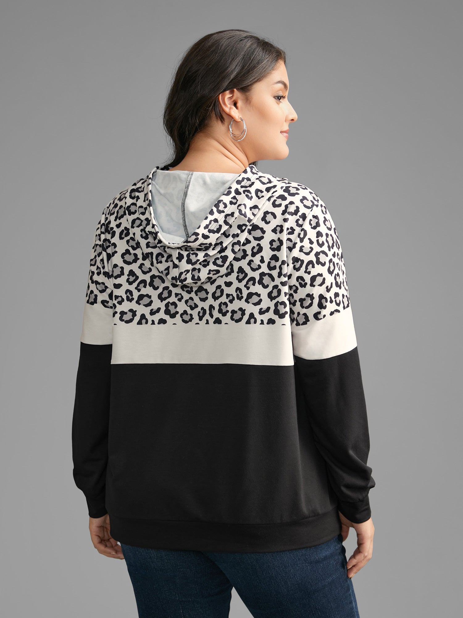 Leopard Print Patchwork Contrast Drawstring Sweatshirt