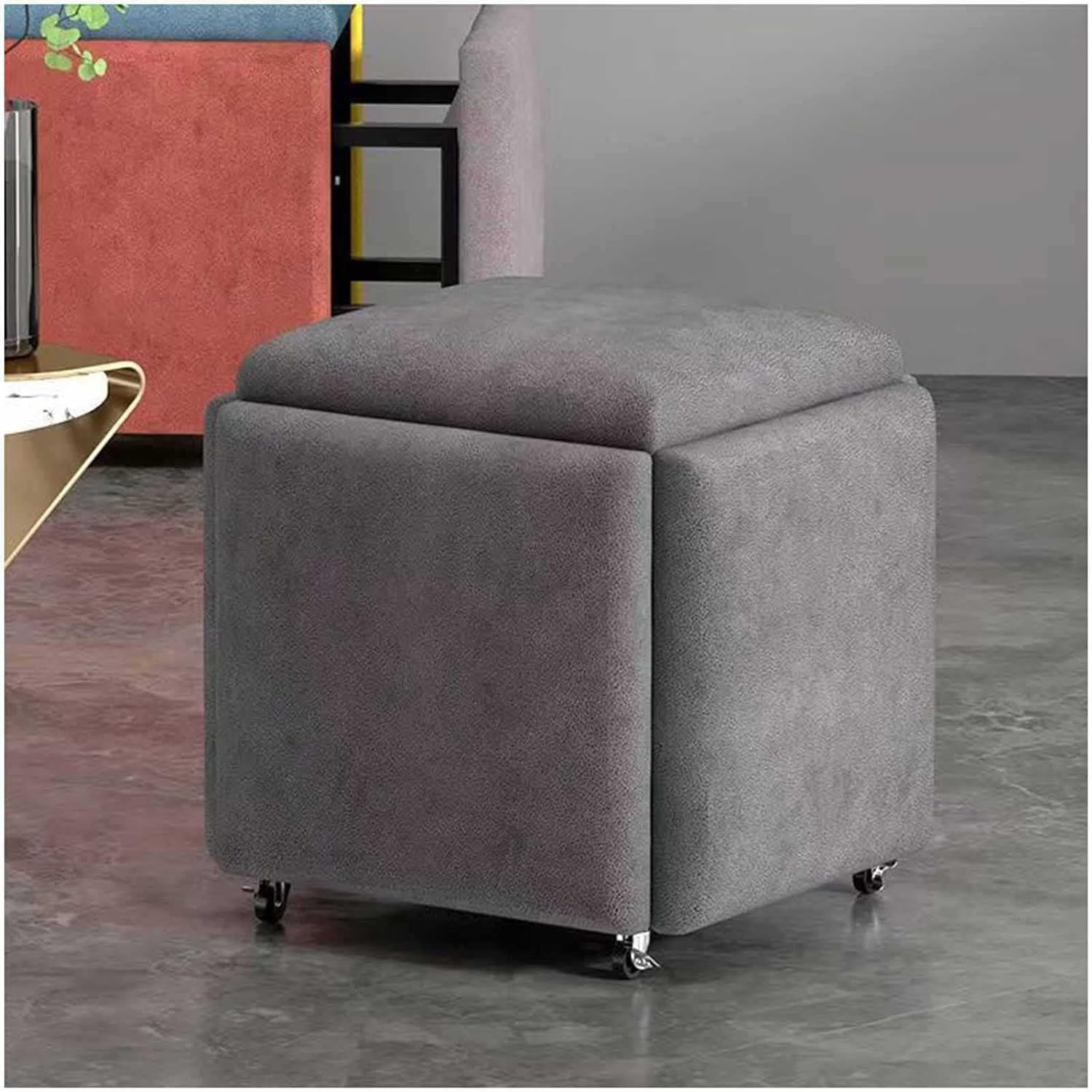 5-In-1 Cube Nesting Ottoman Stool. Footstool. Stackable Sofa Chair. With Casters