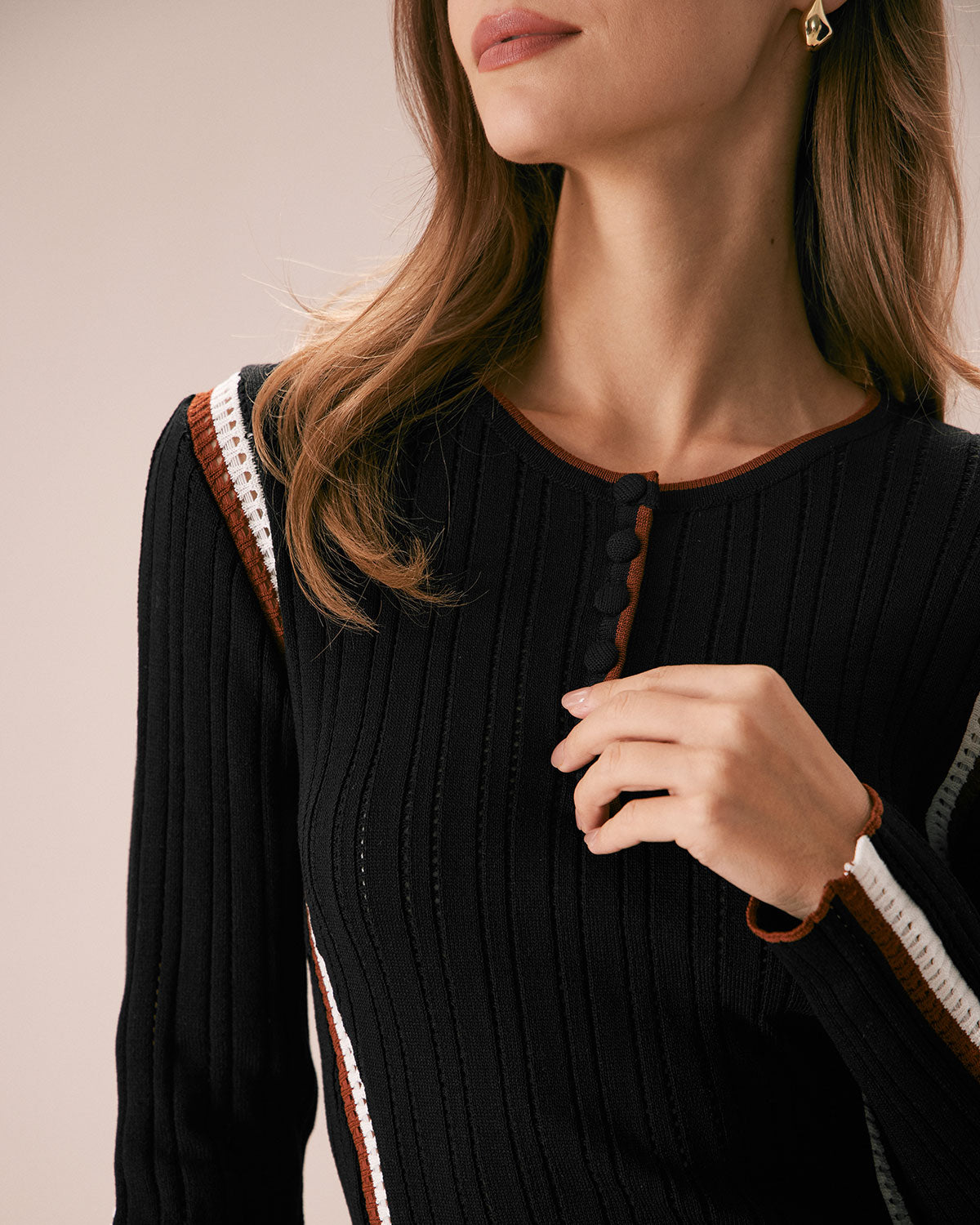 The Black Contrast Trim Pointelle Knit Top