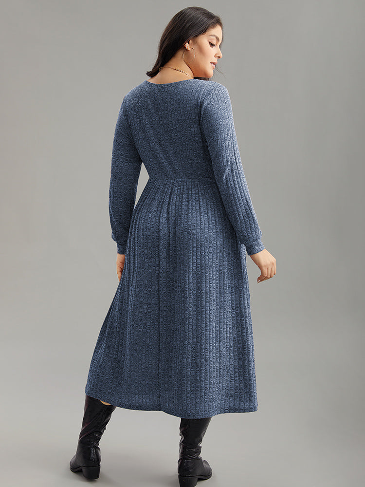 Rib Knit Plain Plisse Long Sleeve Dress