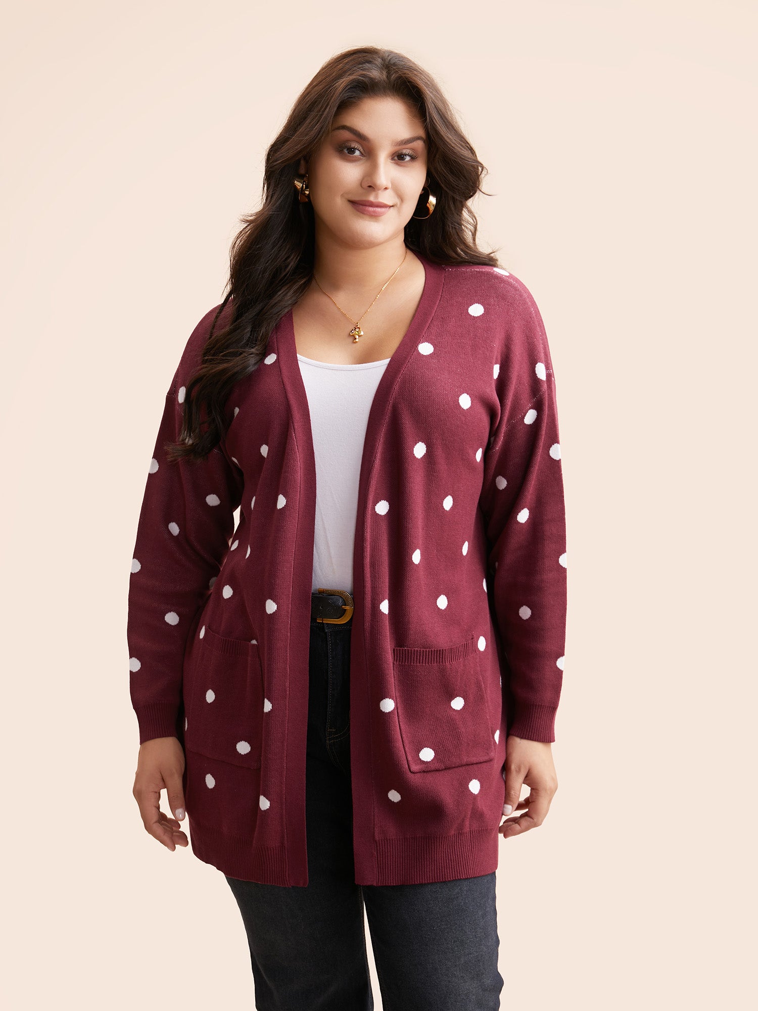 Polka Dot Kimono Collar Patch Pocket Cardigan