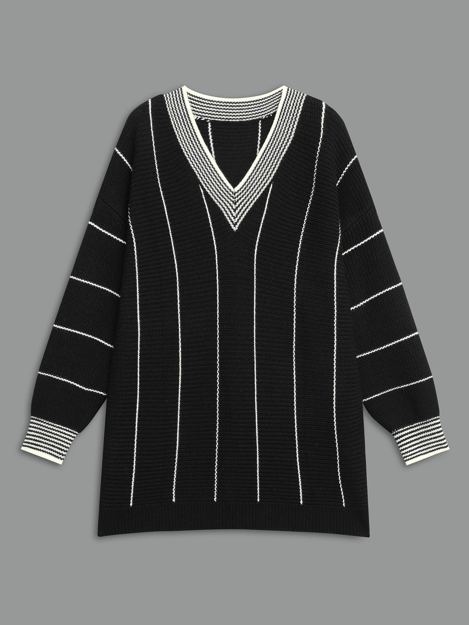 Texture Contrast Striped Lantern Sleeve Pullover