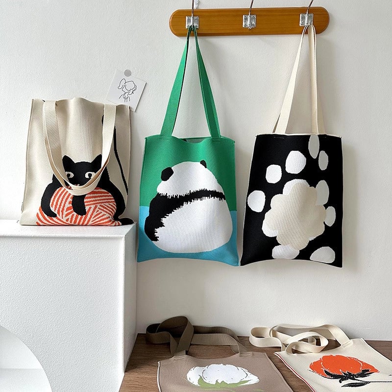 Niche Design Cute Panda Knitted Shoulder Bag Women's Versatile Large Capacity Shopping Commuter Tote Bag Women's Bag