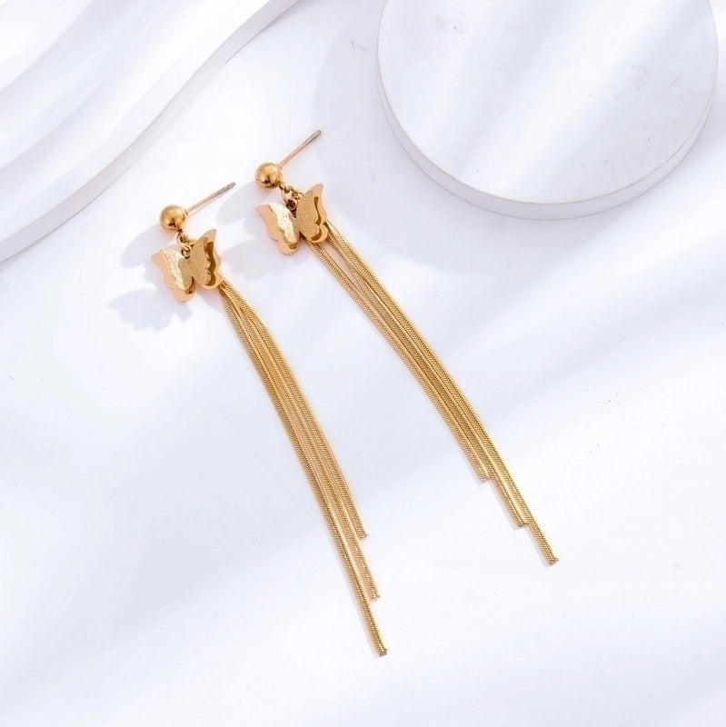 5 Pieces Elegant Sweet Heart Shape Butterfly Titanium Steel Inlay Zircon 24k Gold Plated Drop Earrings