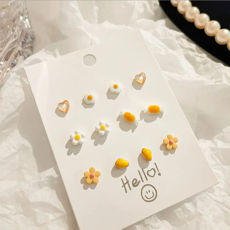 New S925 Candy-colored Silver Needle Ceramic Earrings Set Summer Small Cute Girls Flower Fruit Stud Earrings Set For Women