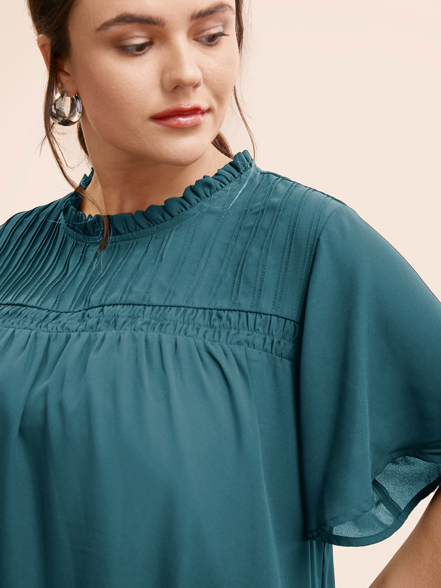 Anti-Wrinkle Shirred Ruffle Sleeve Mesh Frill Trim Blouse