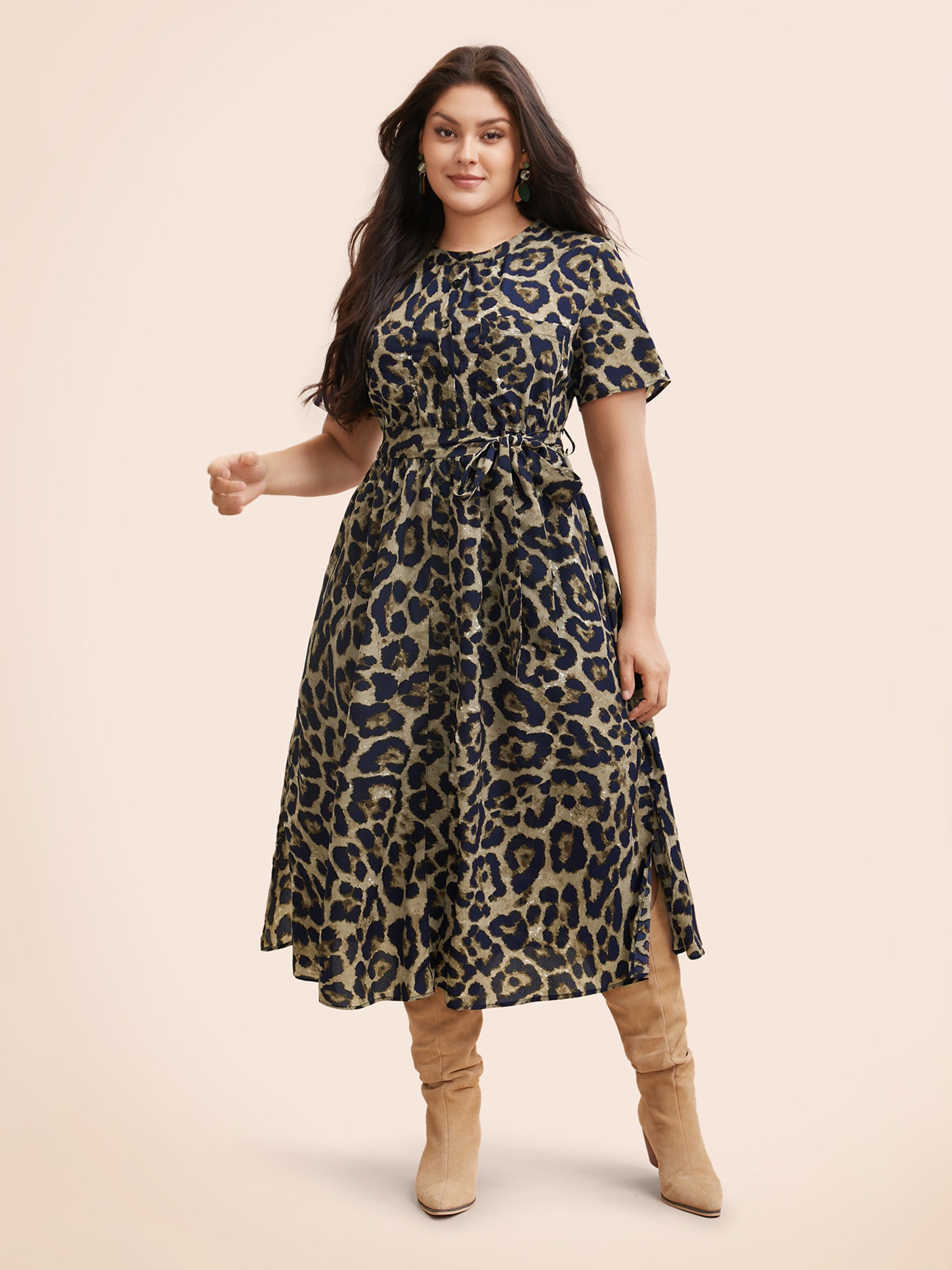 Leopard Print Slit Hem Belted Dress